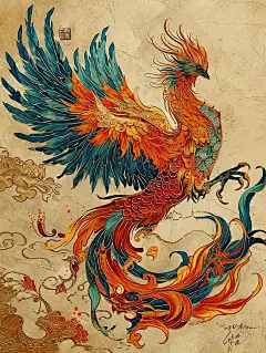 金橙红蓝凤凰，镀金，流动的火焰中国刺绣工艺海报