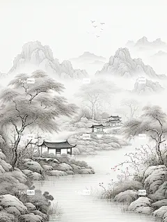 中国传统山水以浅灰色细线纹理为背景，以古老的纸质纹理为特色，