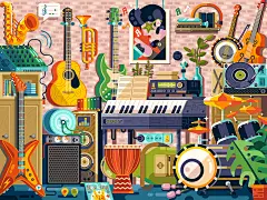 Music Room elvis flat design game design geek guitar illustration instruments music musician nostalgic pop culture puzzle rock rockstar room shop stuff