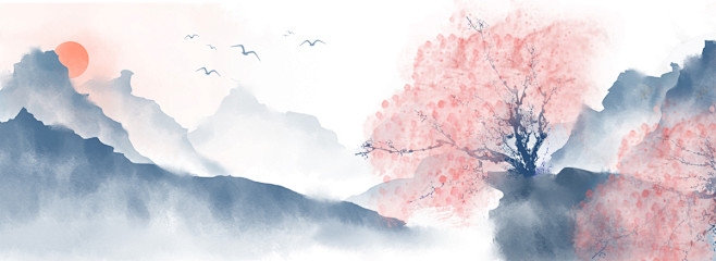 中国风手绘樱花水墨风景山水画背景背景图片...