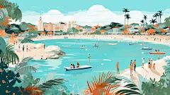 山海边游泳的人物树木素材