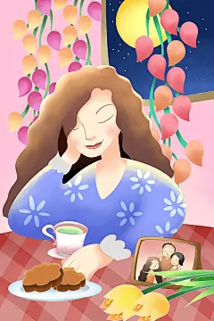 女孩中秋节照片思念手绘插画