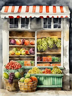 AI数字艺术美食水果店场景水彩插画-众图网