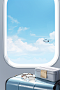 a window with luggage and glasses, in the style of light sky-blue and light white, rich and immersive, expansive skies, highly polished surfaces, light white and light bronze, commercial imagery, clean and simple designs