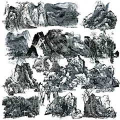 水墨山水素材  - 源文件下载【酷图网】山,石,树木,湖面,小舟,假山,高山,水墨,PSD分层素材,