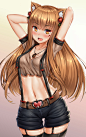 Anime 3455x5500 anime girls Spice and Wolf Holo (Spice and Wolf) Oxenia belly smiling short pants arms up short shorts brunette brown eyes blushing animal ears wolf girls