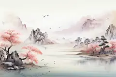 美景创作河流水墨画插画图片