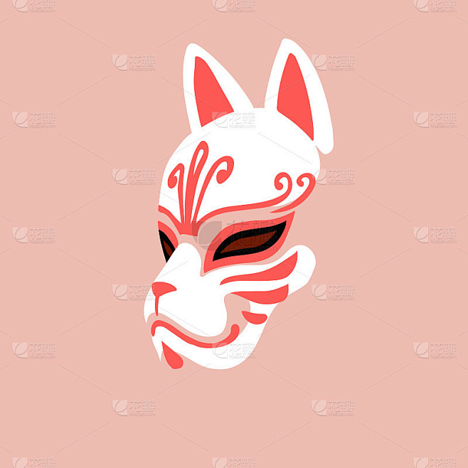 白色日本猫面具与红色图案，民间神秘人物，...