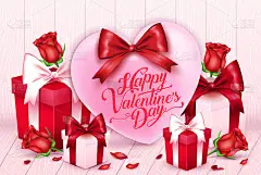 情人节贺卡与粉红色的心和丝带与礼物和玫瑰