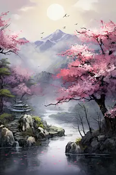 国潮中国风水墨山水风景插画