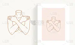 单色线性裸体女性身体交叉双手简单的标志明信片集合矢量插图