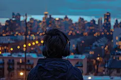 看城市夜景的年轻人背影