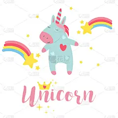 可爱的独角兽宝宝生日派对卡片矢量插图魔术彩虹幻想童话设计美丽的童话艺术。