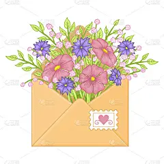 信封用鲜花。情人节贺卡。手绘的对象。卡通风格。矢量插图。孤立在白色的。