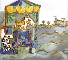 有一次，它是国王养的猫。
它很讨厌国王。
国王很会打仗，一年到头都在打仗。
他把猫放进一个特制的篮子里，
带着它一起上战场。
有一天，猫被飞来的乱箭射死了。
国王在激烈的战场中，抱着猫痛苦。
国王无心打仗了。
他回到城堡，把猫埋在城堡的花园中。

