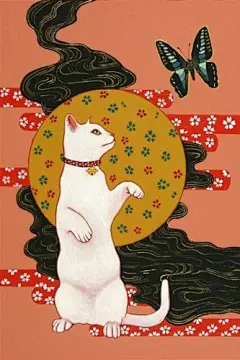 日本和风浮世忍者猫手绘手机壁纸 640x960