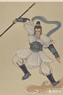 古风工笔画，西游记古风人物，杨戬，新国风插画，简单背景，古风，全身立绘，比例 「2_3」
