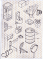 Chaos Sketch : Sketches on a isometric reticle paper! Dont like the lines when im drawin, but in this case the paper helped too much, without the lines would be impossible. I was 2 months just thinking about things you can find in a city, and trying to dr