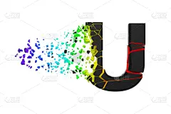 字母,字体,彩虹,坏掉的,分离着色,碾碎了的,三维图形,英文字母u,黑色,骨折