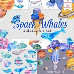 W259|PNG免抠文艺梦幻水彩手绘宇宙星球鲸鱼图片海报卡片设计素材-淘宝网