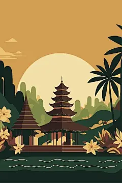 巴厘岛印度教寺庙旅游文化建筑场景插画矢量图设计素材