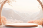 Empty circular stage in the middle, minimal stage design, Chinese persimmon tree in the background, distant mountains, Chinese watercolor style, pavilions, elegant, simple, stage focus, C4D, octane rendering and blender, a lot of blank space, elegant, Stu