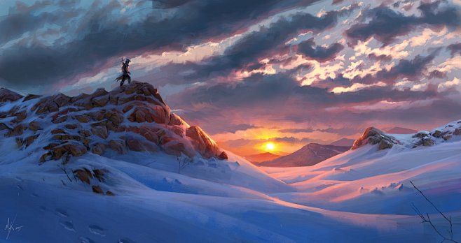 Snowy rocky sunset s...