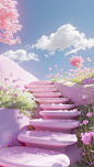 pink steps with flowers on the side of the road, in the style of rendered in cinema4d, organic biomorphic forms, temmie chang, kawaii, serene pastoral scenes, bunnycore, ambient occlusion