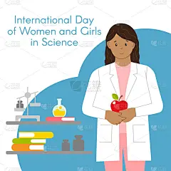拿着苹果的物理学家。妇女和女童参与科学国际日。女科学家和物理学家。矢量插图在一个平坦的风格。孤立的白