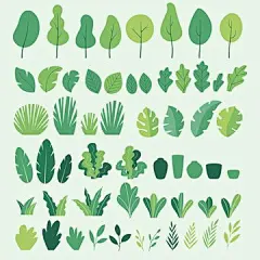 图源免费EPS文件 |植物、树木、树叶、树枝、灌木丛和花盆的扁平插画矢量集 
