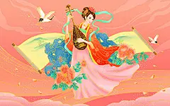 国潮人物古风唯美手绘插画美女弹琴琵琶仙鹤画卷古典仙女起舞国潮国潮人物插画