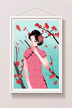 唯美粉红色中国风民国身着旗袍女性插画图片