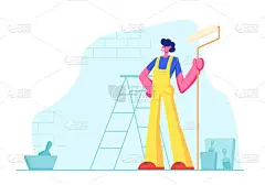 带滚动墙喷漆的家用维修工人。专业建筑大师在统一工作服站在背景与梯子，油漆桶和设备。卡通平面矢量插图