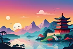 水墨江南风国潮山水插画背景图