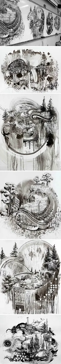 DUDU深蓝王国：明尼苏达州的高中老师和艺术家 Gregory Euclide 不仅在学校的时间教导学生，也在午休的时间展现了自己的艺术才华，他在某天午休挑战自己，利用25分钟的时间，对学校的白板画出一系列疯狂的山水画。