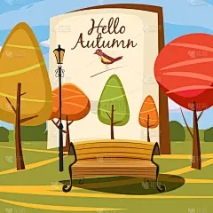 模板设计秋季海报，宣传册，海报，明信片你好秋天，长凳。风景、卡通风格。向量。孤立的