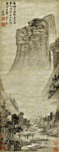 文徵明——《水亭诗思图》【密树含烟暝,遥山过雨青。诗家无限意,都属水边亭。戊午春】山水 立轴高清欣赏 | <br/>明|文徵明(1470-1559)名壁字征明、征仲，号衡山居士，世称“文衡山”，诗文上与祝允明、唐寅、徐真卿并称“吴中四才子”。画史上与沈周、唐寅、仇英合称“吴门四家”。画从沈周。诗文画俱精，人称“四绝”全才。山水人物花卉等皆工。