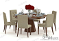 现代时尚红色实木圆形餐桌咖色软包六位式餐椅红色鲜花餐具桌椅组合