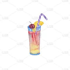 水彩鸡尾酒插图，高杯新鲜酒精饮料夏天晚上放松，稻草，樱桃，菠萝片