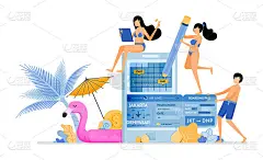 选择暑假期间前往热带岛屿的返程机票。使用手机应用程序购票。插图可以用于登陆页，横幅，网站，网页，海报