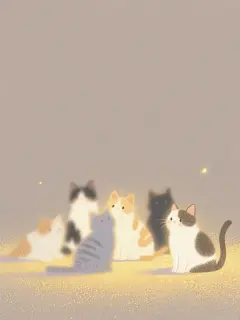 极简插画，虚实结合，模糊泛黄颗粒肌理，单一的纯色背景，模糊感+颗粒感+肌理感+朦胧感，清新淡雅，治愈配色，色彩冷暖对比强烈，强调梦幻温暖的氛围感，微光，非传统构图方式，动态模糊，自序，艺术，高级的氛围感，图中有几只不同的小猫咪