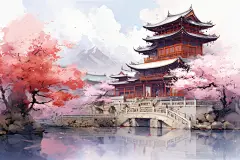 古代建筑水墨风秋天秋季自然风景插画