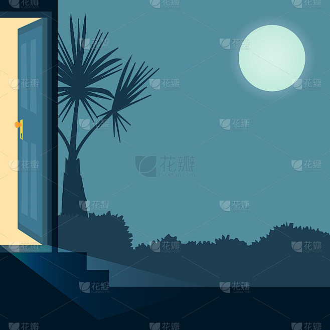 矢量卡通插画家外面的概念与打开大门深夜。背景与房子花园与灌木和棕榈树