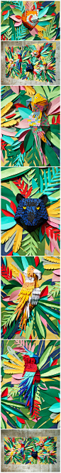 法国艺术家兼纸张设计师mlle hipolyte用色彩丰富的纸片制作了“热带丛林”，所用的纸片全部由手工切割而成。整个画面模仿了热带雨林的环境，各种不同的植物交织在一起，不同大小和种类的树叶相互重叠，呈现出一片郁郁葱葱、生机盎然的景象，同时整个作品被贴在墙上，亦是一张动感的墙纸。树叶中央的圆形部分是5个三维的动物模型，特别吸引眼球，分别是一只熊猫、一只美洲豹和三只小鸟，这5个动物模型都由微型纸片拼接制作而成，每个模型都带有明显的几何特征。