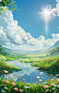 cute green grass and flowers near the river with clouds and sun, background image, in the style of xiaofei yue, soft renderings, uhd image, thomas cole, storybook illustrations, horizons, transparent layers