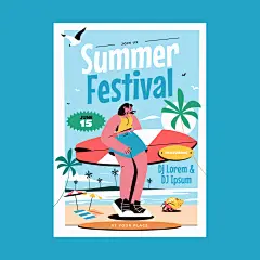 夏日夏天海边旅游度假海滩冲浪玩水人物风景插画海报Ai设计素材-淘宝网