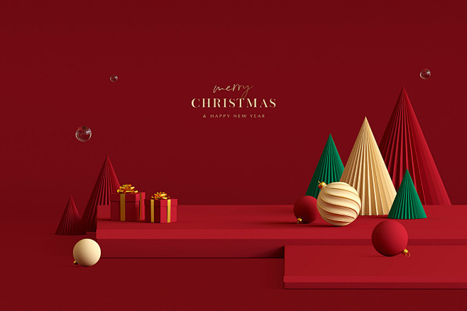 红色圣诞节圣诞球礼盒圣诞树海报合成背景素...