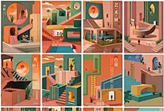 38张3d色界艺术展超现实梦幻风景墙壁建筑焦虑插画海报模板设计素材