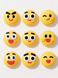 白色背景上，上下两行整齐排列九个圆形黄色表情符号，每个表情符号都有不同的配色、表情和造型，它们有着黑色的眉毛、大大的黑色眼睛和白色的眼白，以及红色的嘴巴，有的表情符号旁边还有黄色的星星或其他装饰，整体风格统一，色彩明快，表情生动，具有强烈的视觉冲击力和信息传达效率，符合现代社交媒体表情包的设计感和审美需求。