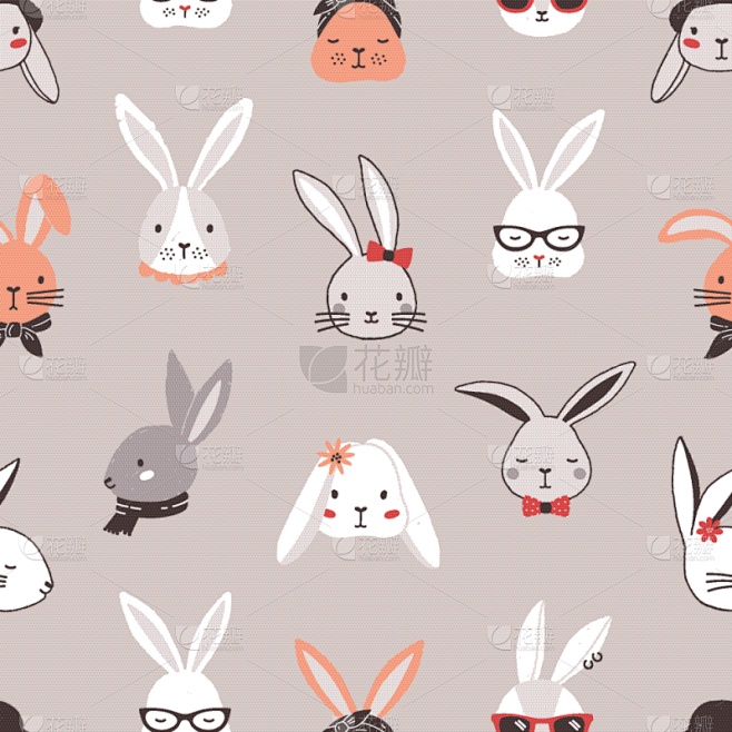 兔子,四方连续纹样,拟人,灰色,可爱的,...